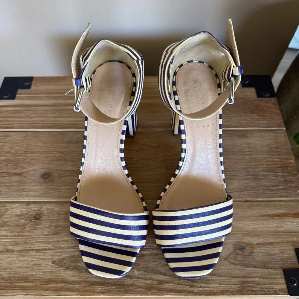 J. Crew Leather Light Cream Navy Stripe Ankle Strap Open Toe Block Heel Sandals